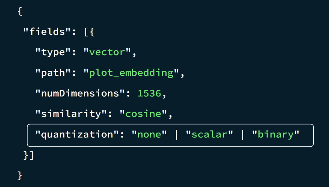 Screenshot of example index definition parameters